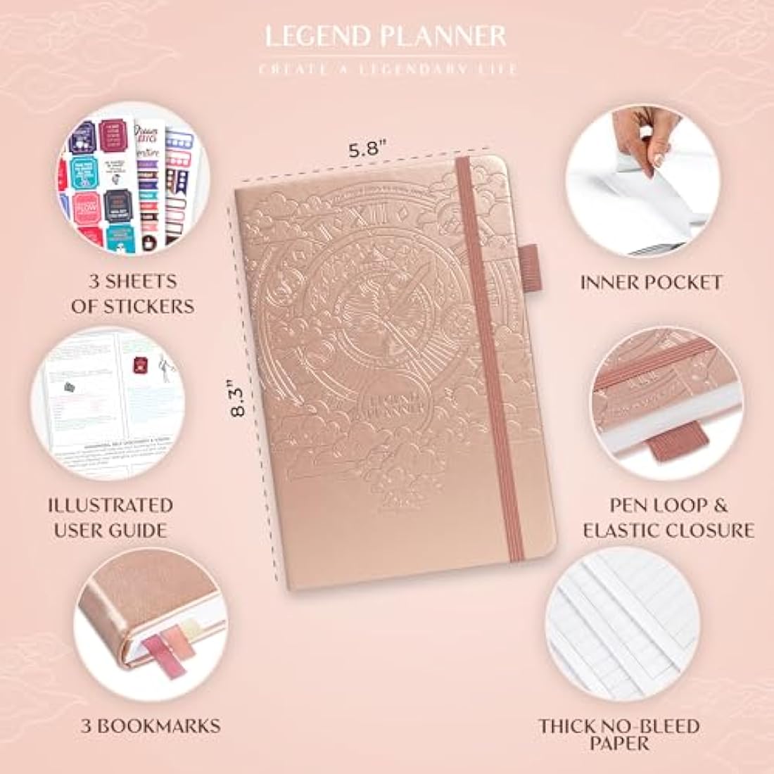 Legend Planner Hourly Schedule – Undated A5 Life Organizer, Rose Gold