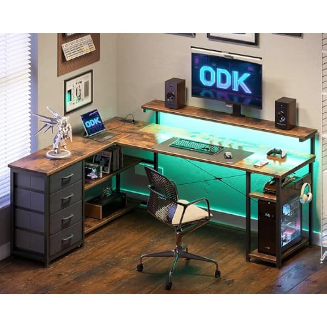 ODK L-Shaped Corner Gaming Desk with LED Lights & Drawers, Vintage