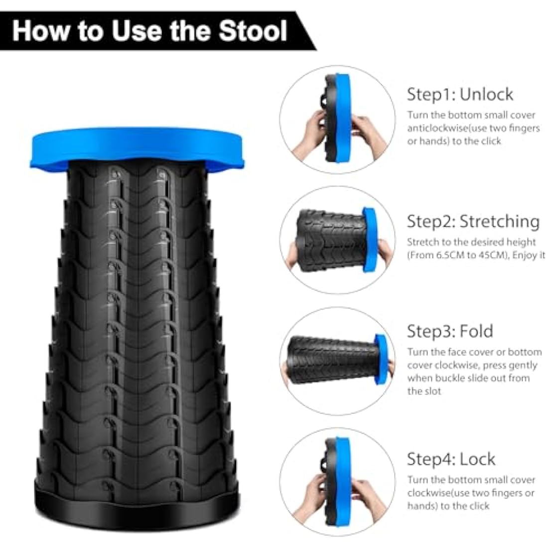 LUXJET Portable Telescopic Stool – 396lb Capacity Folding Seat, Blue