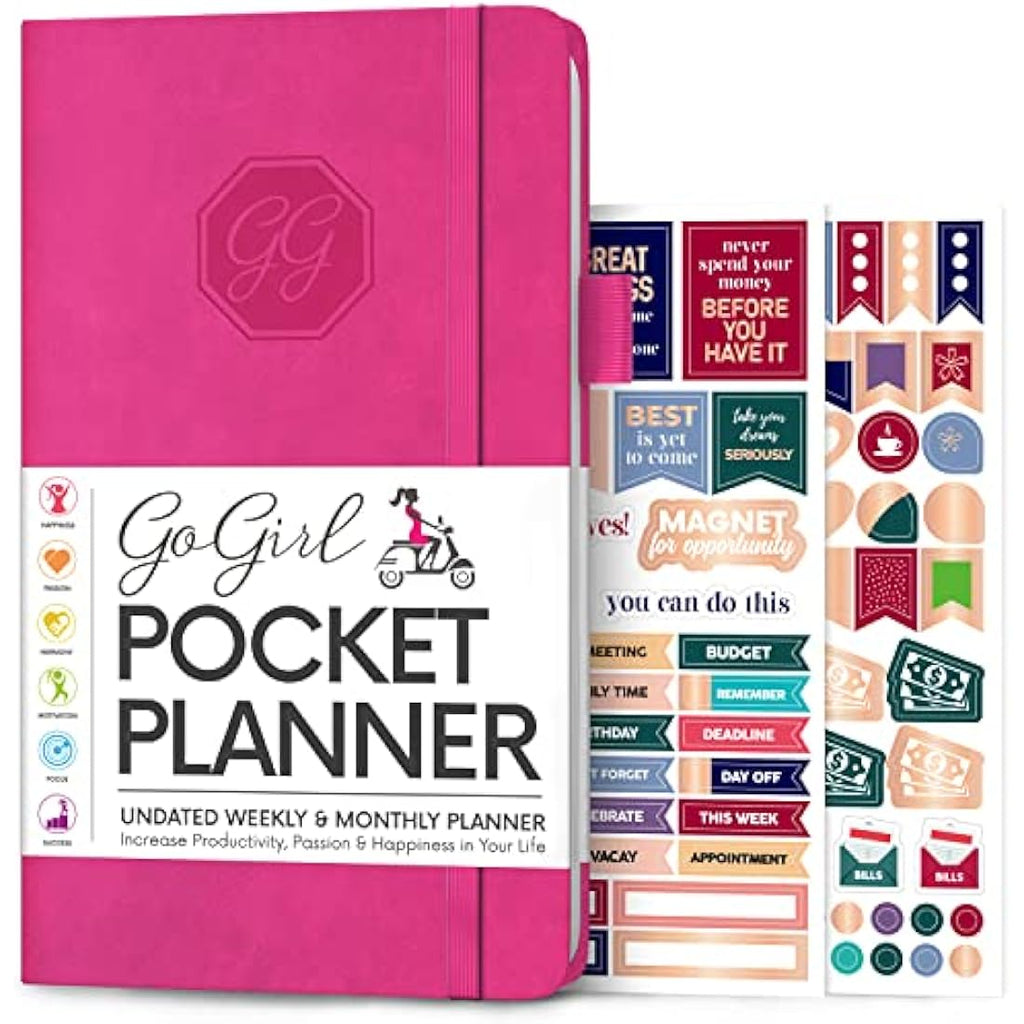 GoGirl Pocket Weekly Planner – Undated Goal Organizer, Hot Pink Leather
