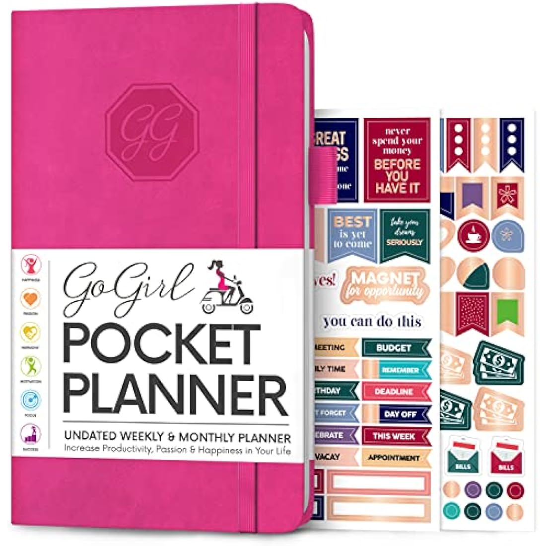 GoGirl Pocket Weekly Planner – Undated Goal Organizer, Hot Pink Leather