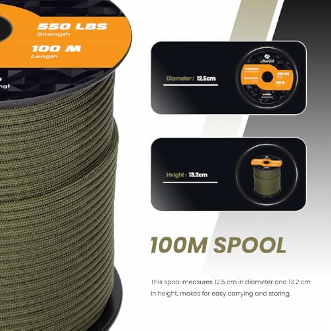 Abma Cord 550 Paracord – 100m Type III 7-Strand Nylon Rope, Army Green