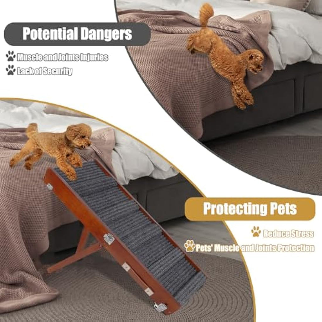 Umtiti Adjustable Wooden Pet Ramp – Foldable Non-Slip Dog Ramp for Beds