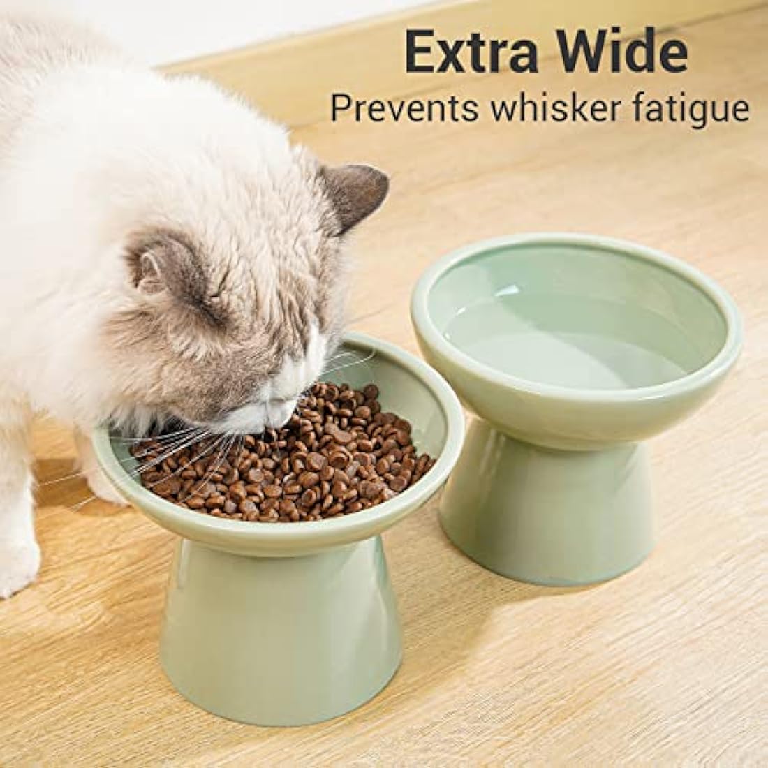 CEEFU Elevated Ceramic Cat Bowls | Wide Whisker Fatigue Relief - Sage Green
