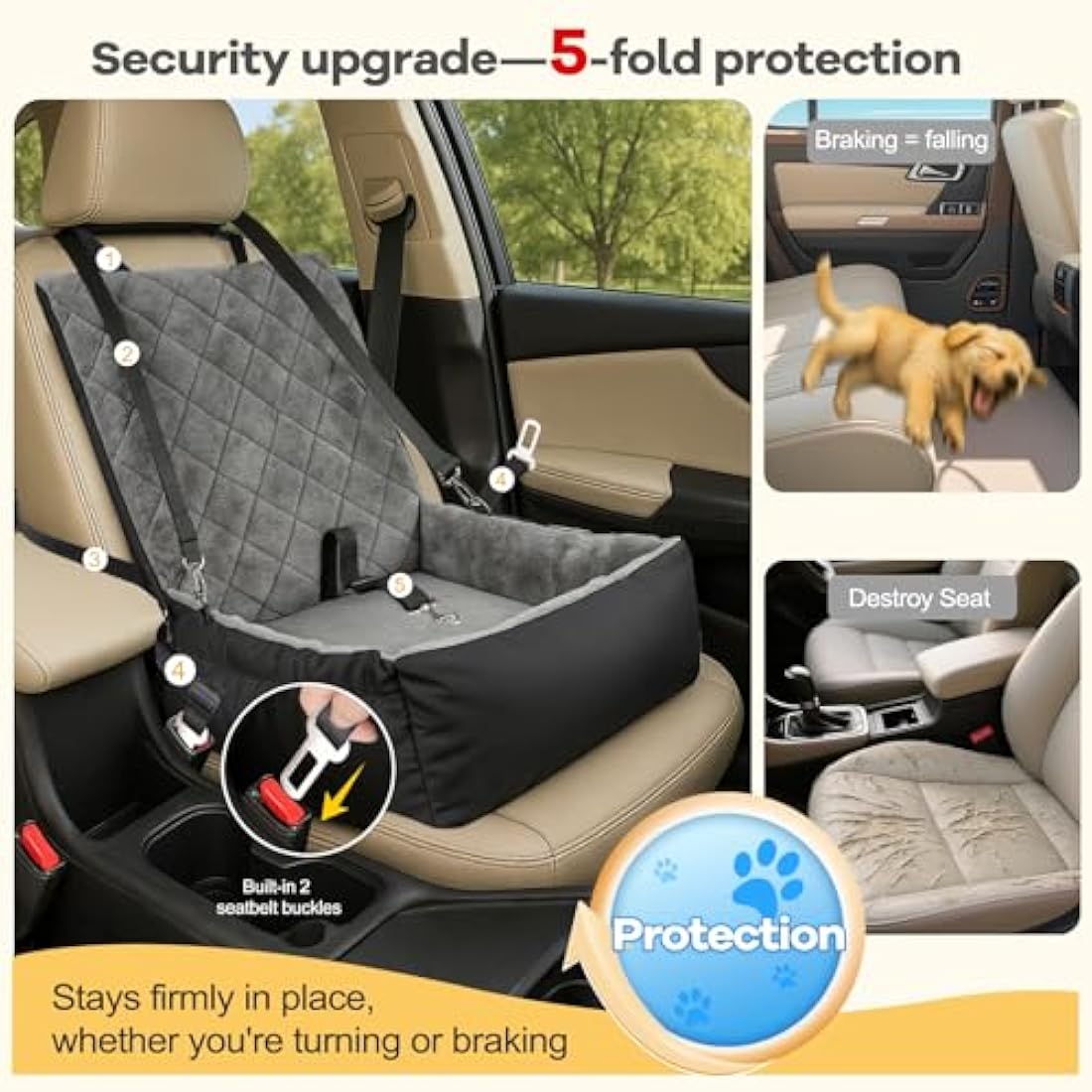 Dog Car Booster Seat – Washable Plush Pet Travel Bed, Black