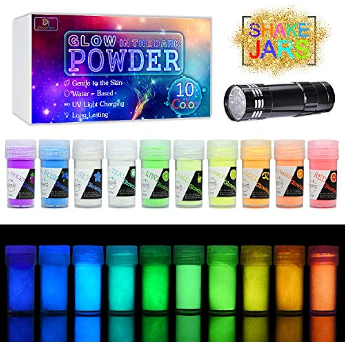 Jolof Store Glow in the Dark Pigment Powder - 10 Colors with UV Lamp