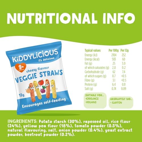 Kiddylicious Cheesy Veggie Straws – Vegan & Gluten Free Snacks, 9 Pack