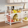 UMDONX 3-Tier Kitchen Fruit Basket – Metal Vegetable Storage Rack with Wood Top