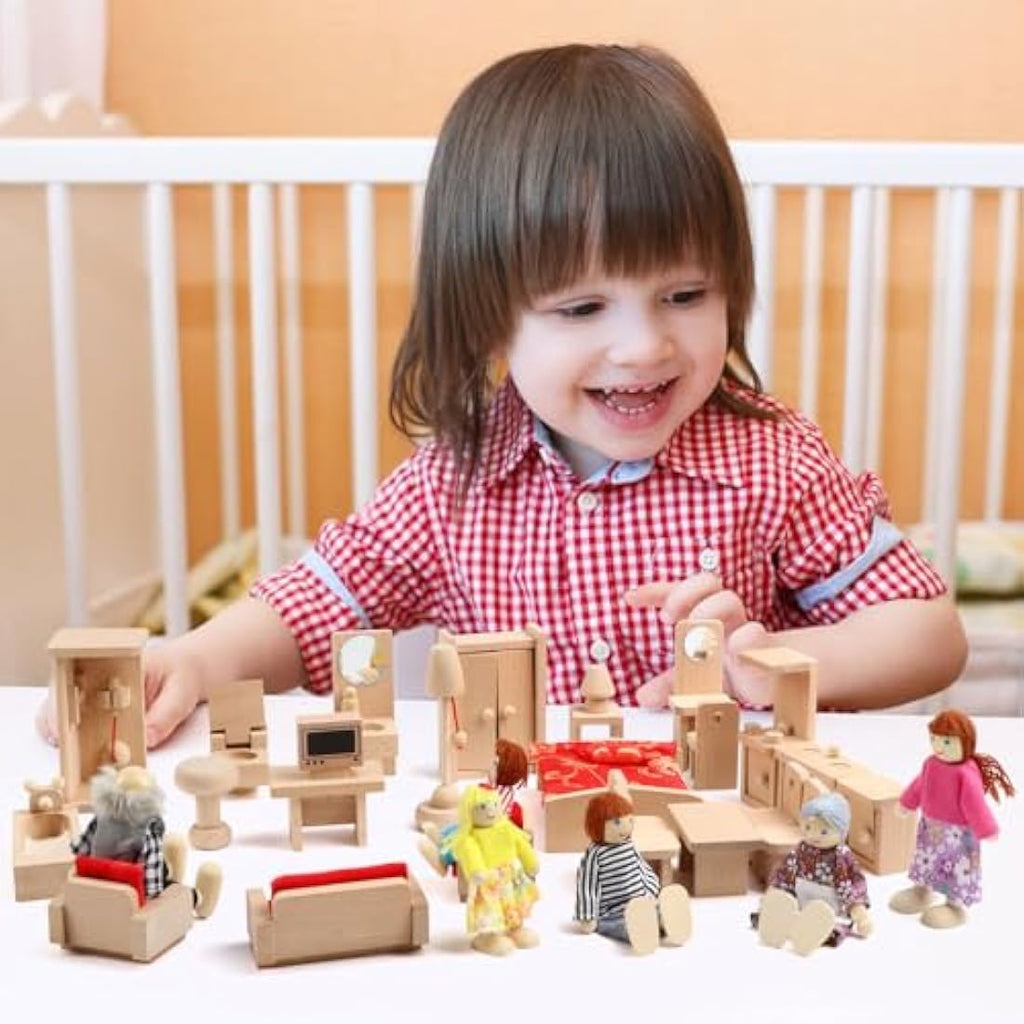 KABENFIS 39-Piece Wooden Dollhouse Furniture Set with 6 Family Dolls