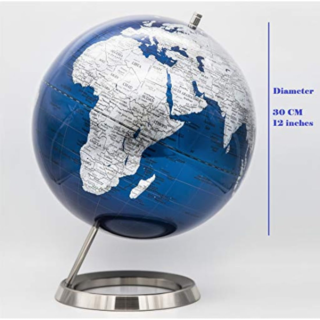 30cm World Globe – Metallic Blue with Stainless Steel Base