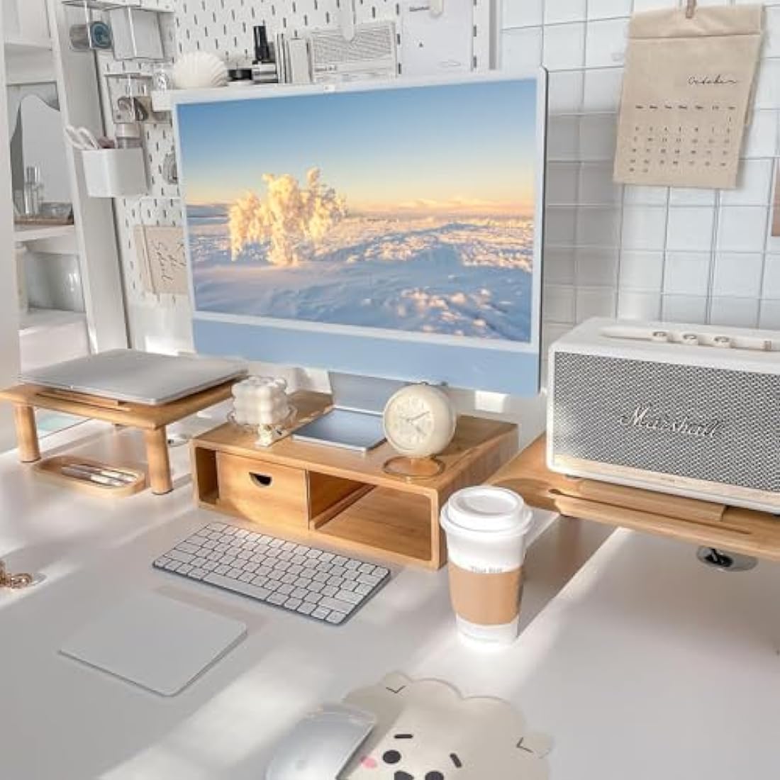 ROCDEER Bamboo Dual Monitor Stand Riser | Adjustable Desk Shelf