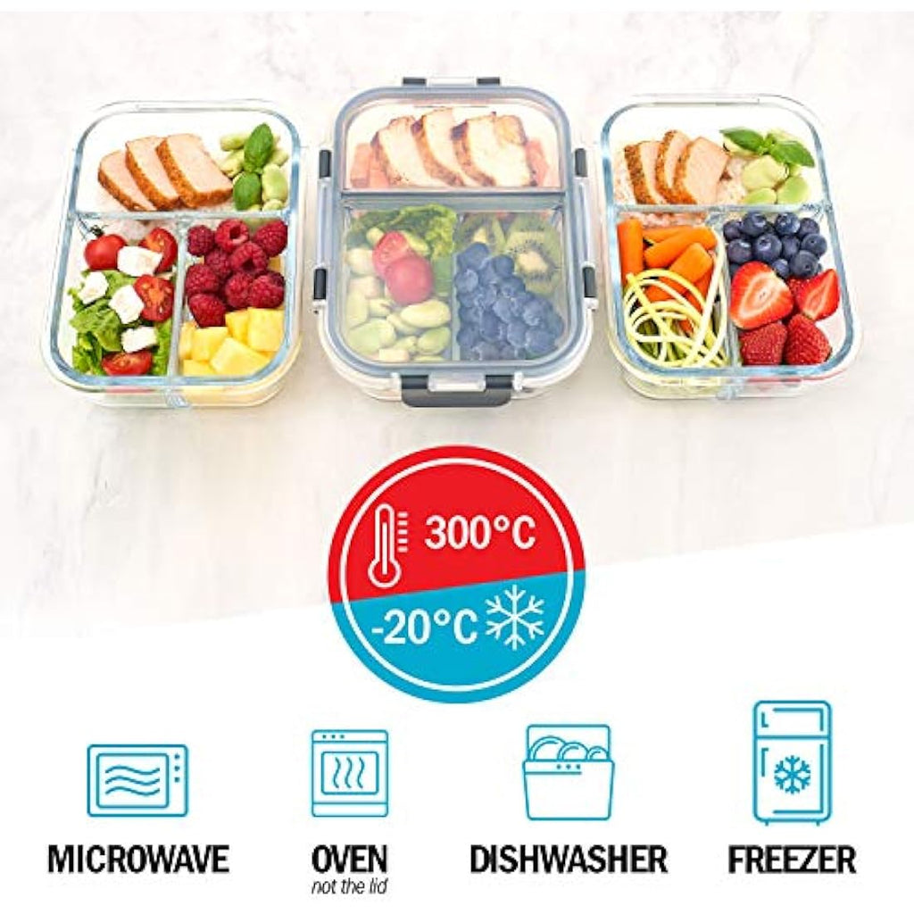Igluu Glass Meal Prep Containers - 3 Pack 3 Compartment 980ml Oven Safe