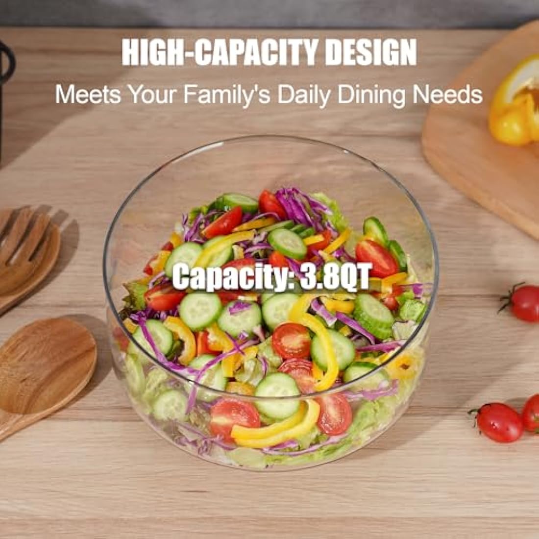NiHome 3600ML Glass Salad Bowl with Acacia Wood Base and Tongs