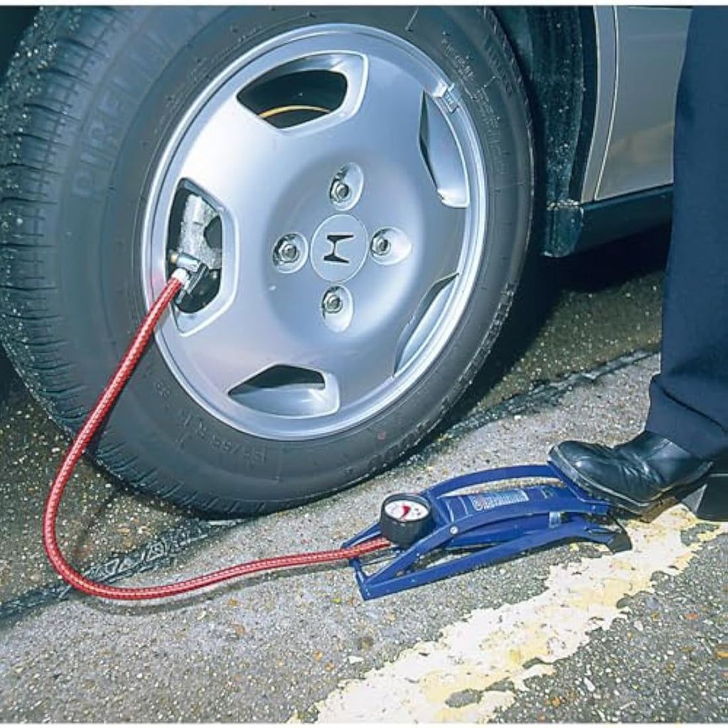 Draper Single Cylinder Foot Pump with Pressure Gauge - Blue Tire Inflator