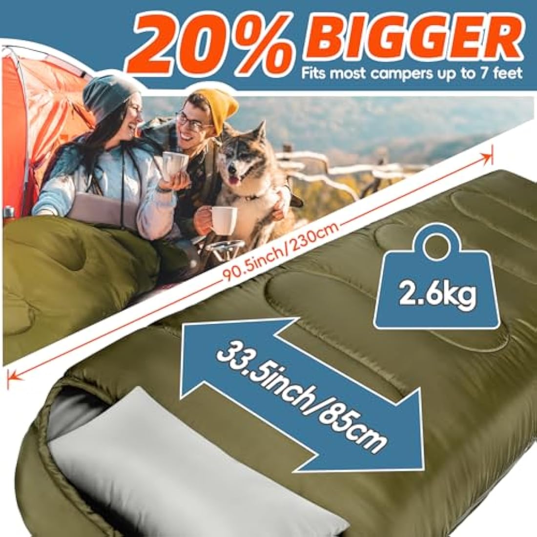 MEREZA XL Sleeping Bag | Big and Tall Cold Weather Camping Gear with Pillow
