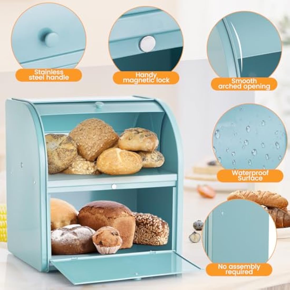 Jolof Store 2-Layer Metal Bread Bin – Large Roll Top Bread Box, Green