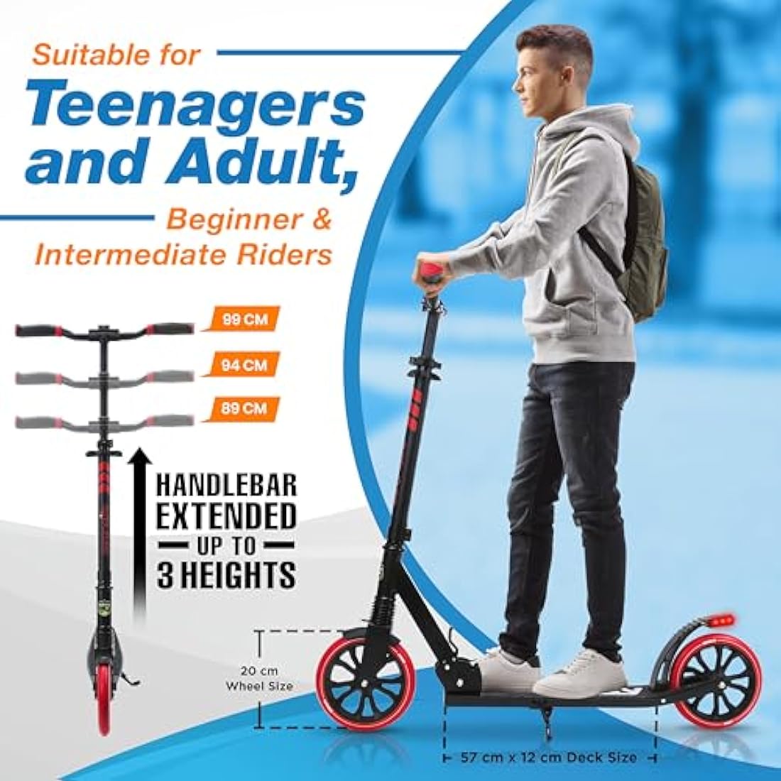 SereneLife Folding Kick Scooter | Big Wheels & Adjustable Handlebar