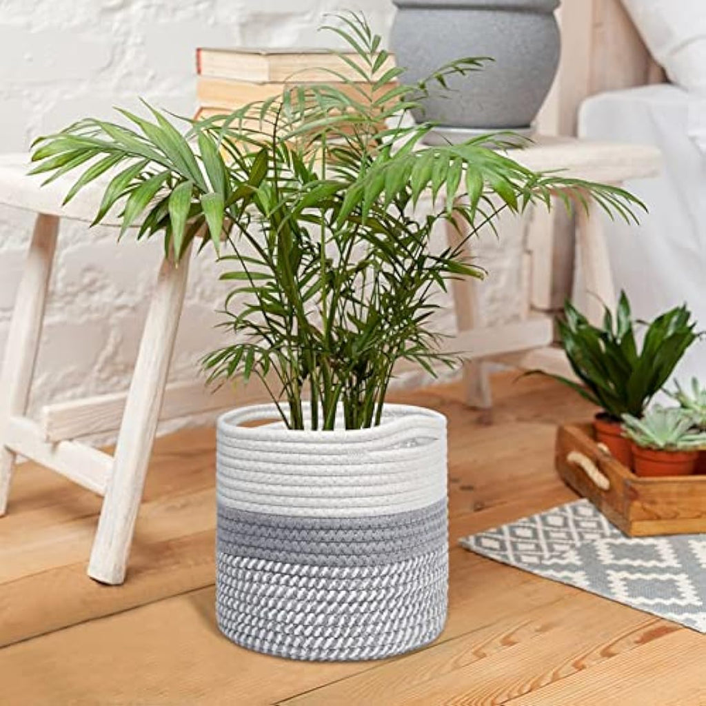 Woven Cotton Plant Pot Basket with Liner - White & Grey