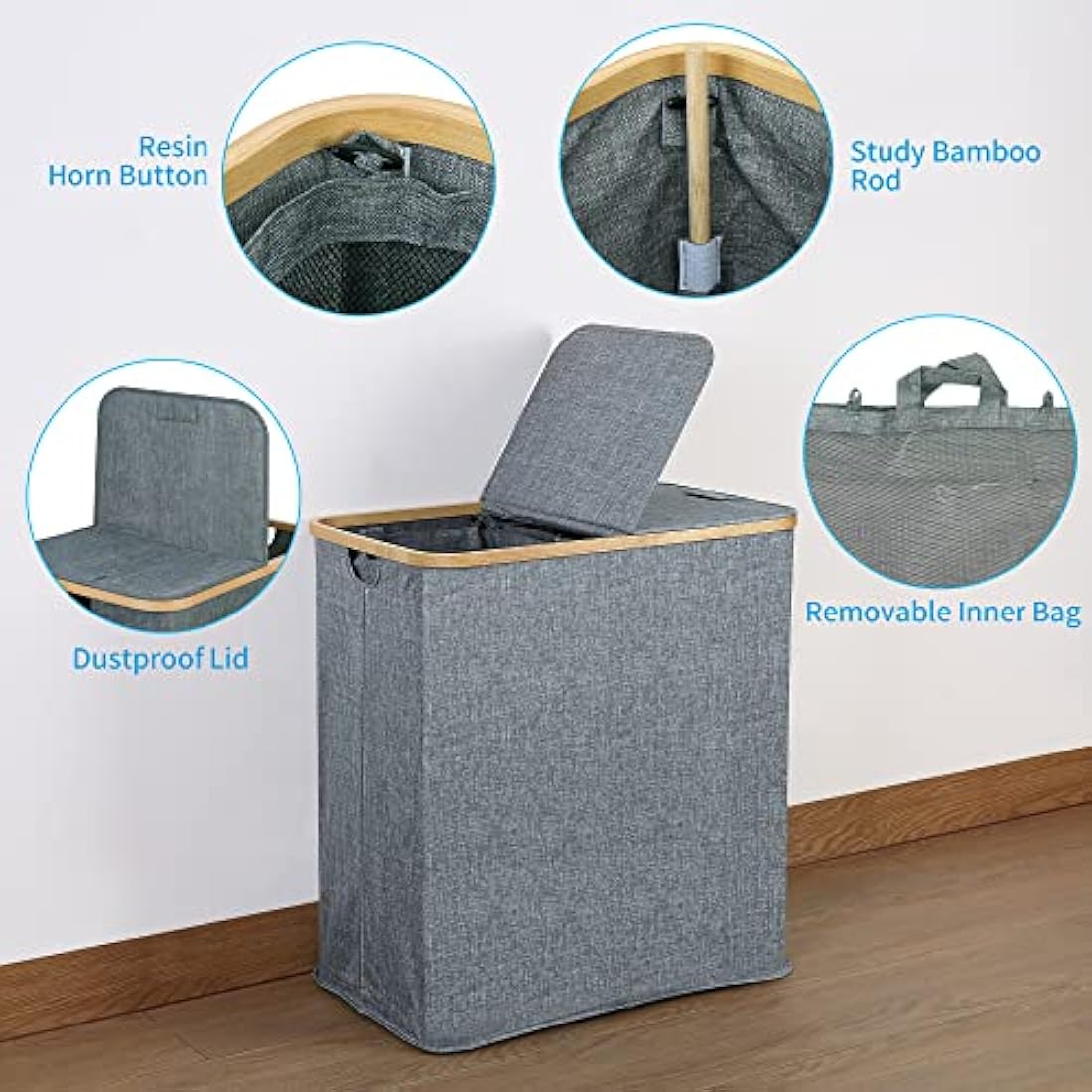 Efluky 140L Large Divided Laundry Hamper with Lid | Bamboo & Linen