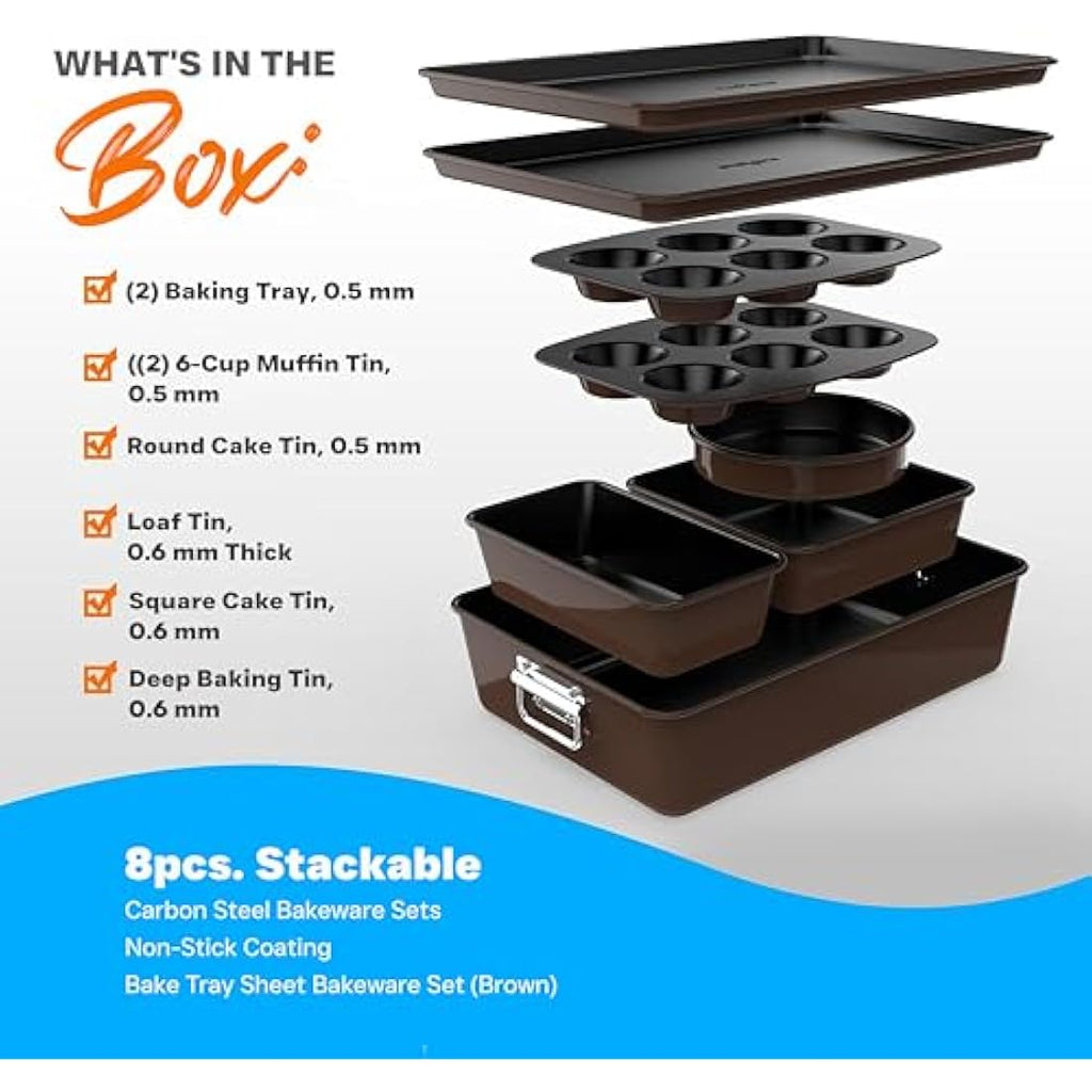 NutriChef 8-Piece Non-Stick Bakeware Set – Stackable Carbon Steel Pans