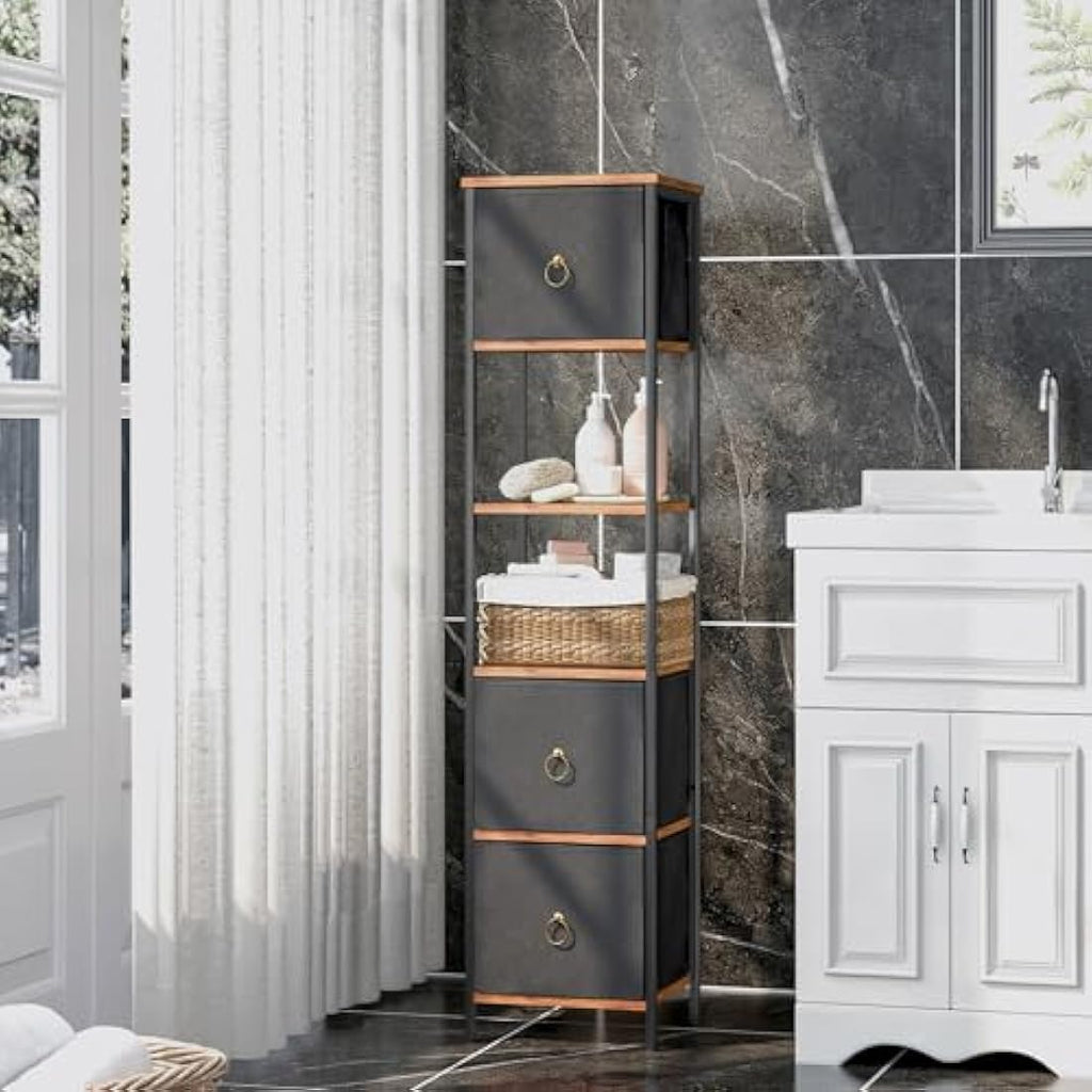 HOOBRO Tall Corner Bathroom Cabinet – Slim Storage Unit with 3 Drawers
