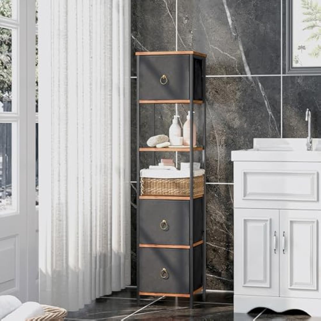 HOOBRO Tall Corner Bathroom Cabinet – Slim Storage Unit with 3 Drawers