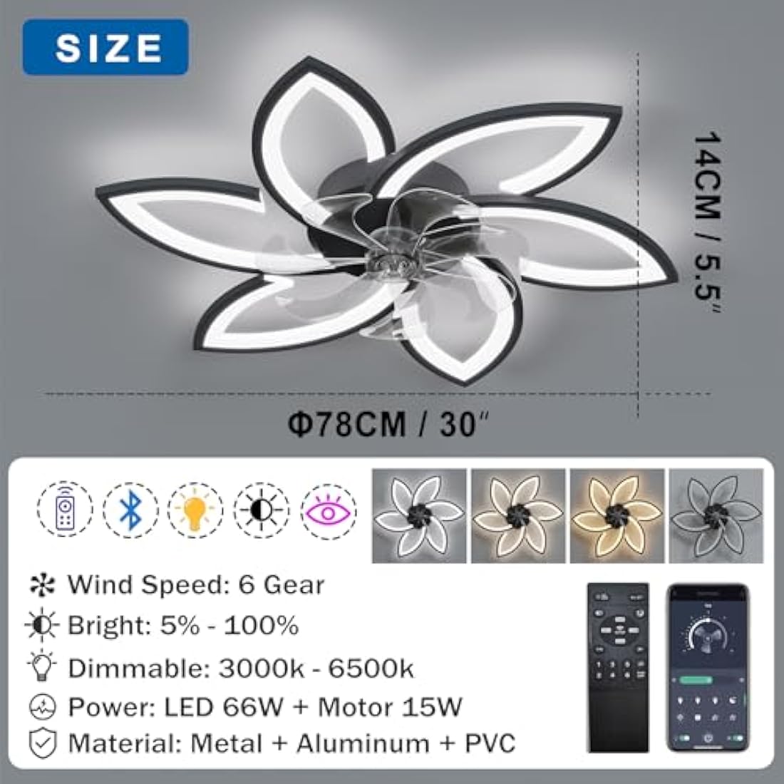 Jolof Store Modern Petal Ceiling Fan with Light | Dimmable LED Black 78CM