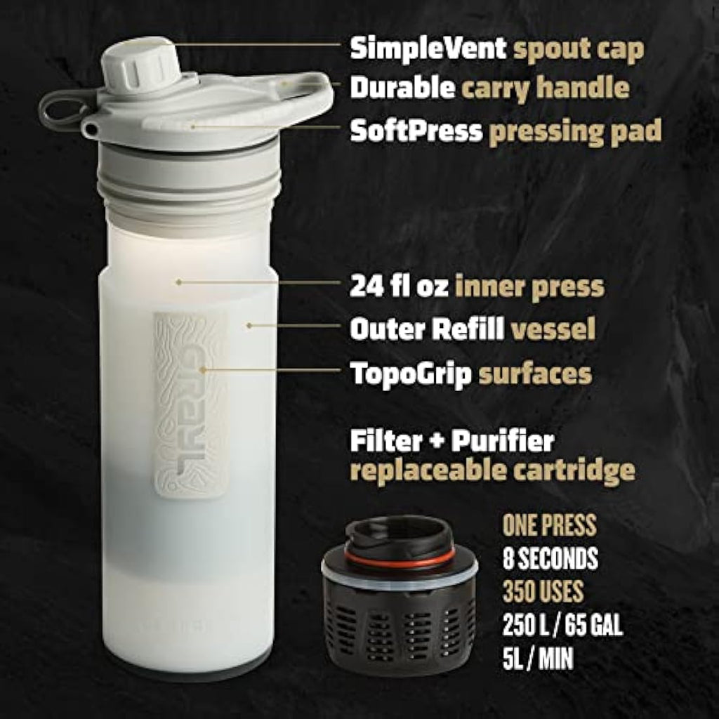 Grayl GeoPress Water Purifier Bottle - 24oz Portable Filter - Peak White