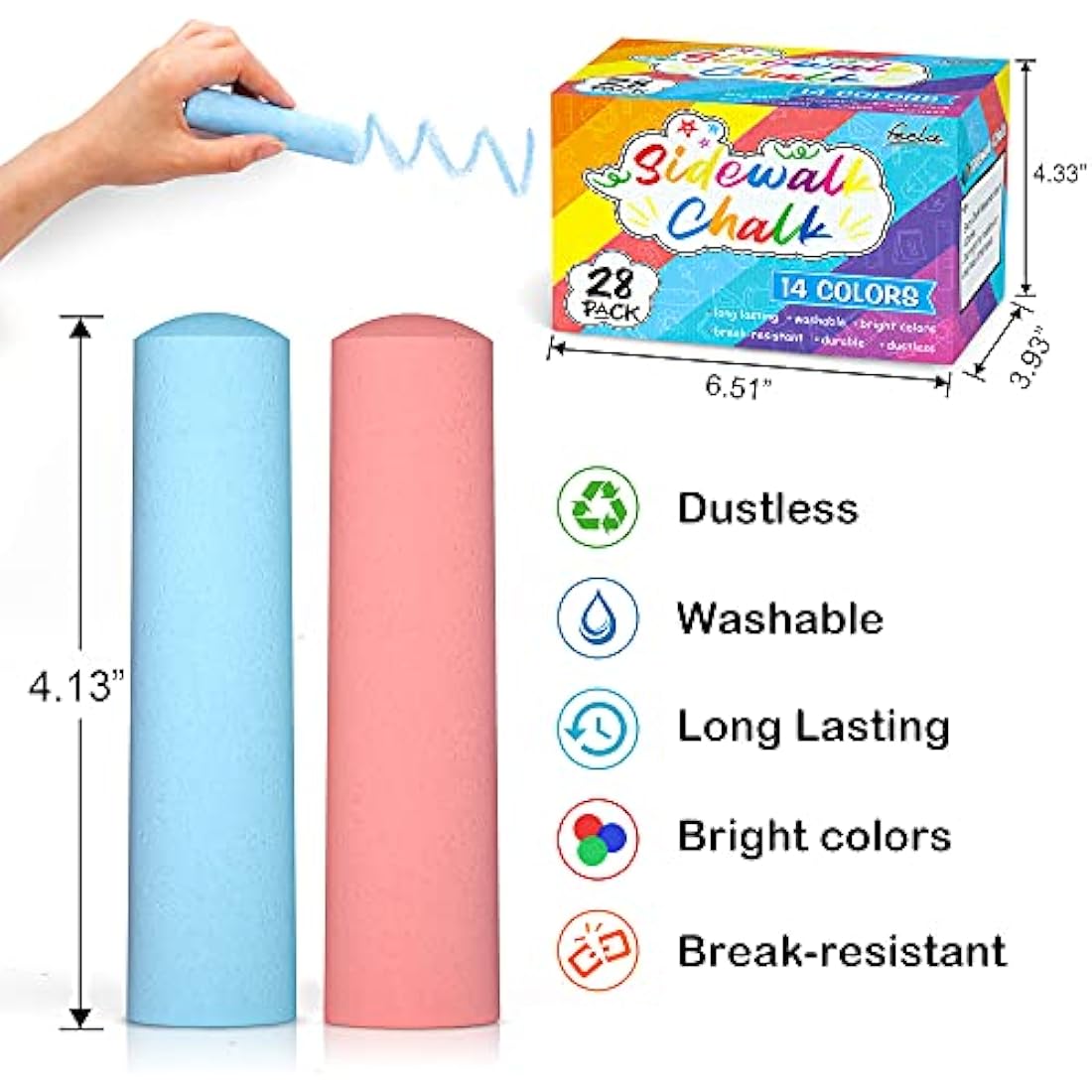 Jolof Store Jumbo Sidewalk Chalk for Kids – 28 Pack 14 Colors Set