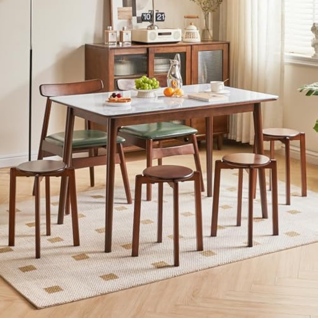 YMYNY Solid Wood Round Stool - 4pcs Stackable Dining Stools, Brown