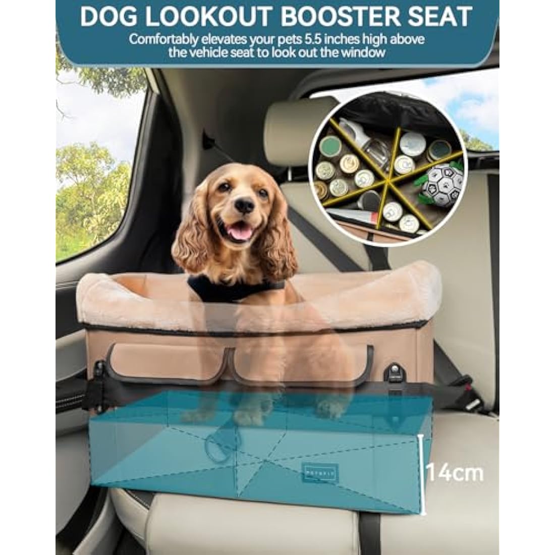Petsfit Dog Car Seat - Medium Booster Seat with Washable Pad, Khaki