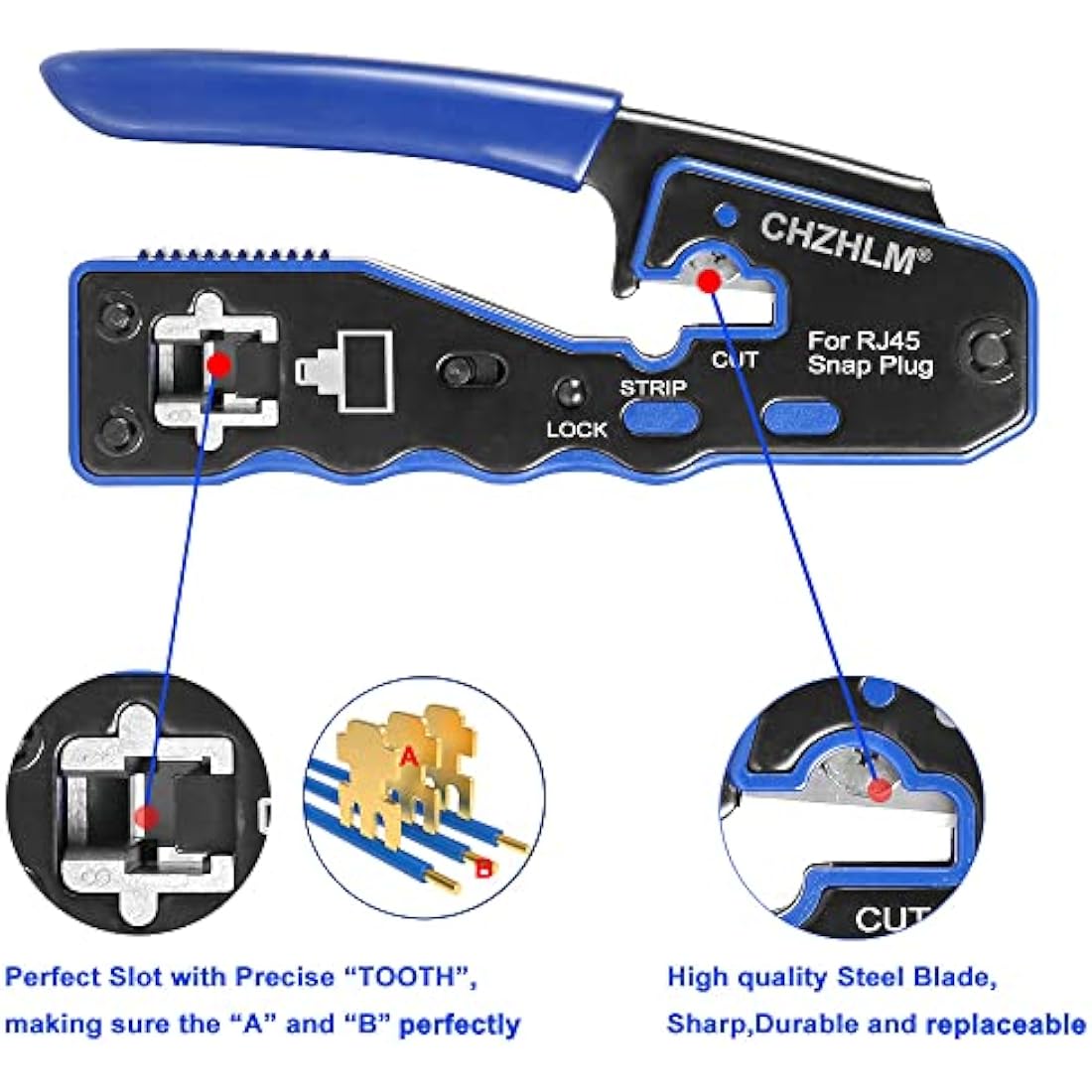 CHZHLM RJ45 Pass Through Crimp Tool Kit with Cat6 Connectors & Tester
