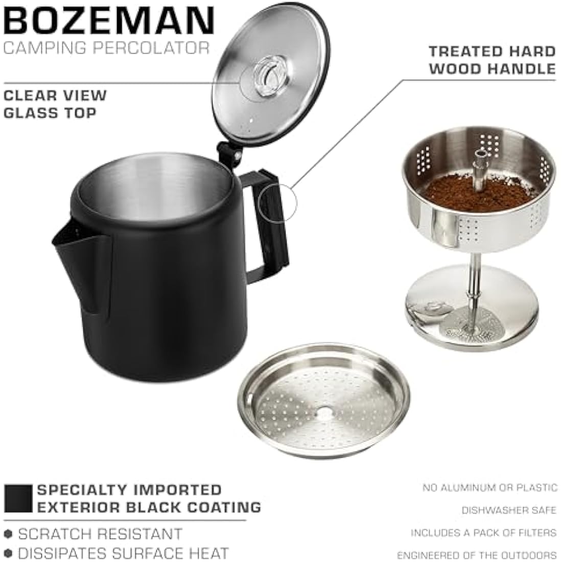 COLETTI Bozeman 6-Cup Stainless Steel Coffee Percolator – Matte Black