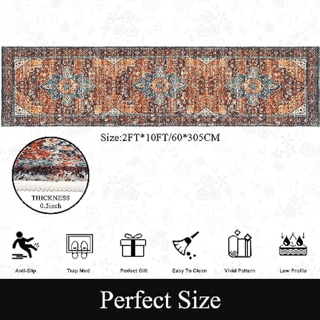 SHACOS Vintage Hallway Runner Rug – Non-Slip Washable Boho Red, 60x300cm