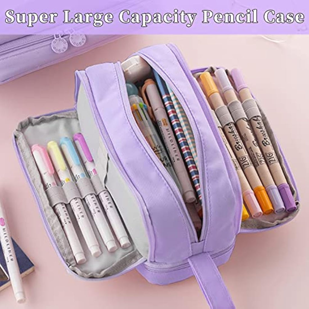 Tesmien Large Pencil Case | 4-Compartment Canvas Stationery Bag - Purple