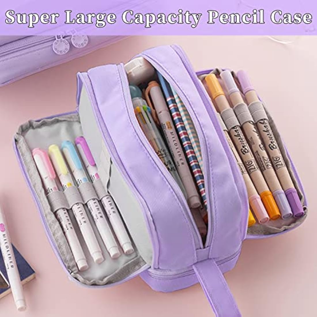 Tesmien Large Pencil Case | 4-Compartment Canvas Stationery Bag - Purple