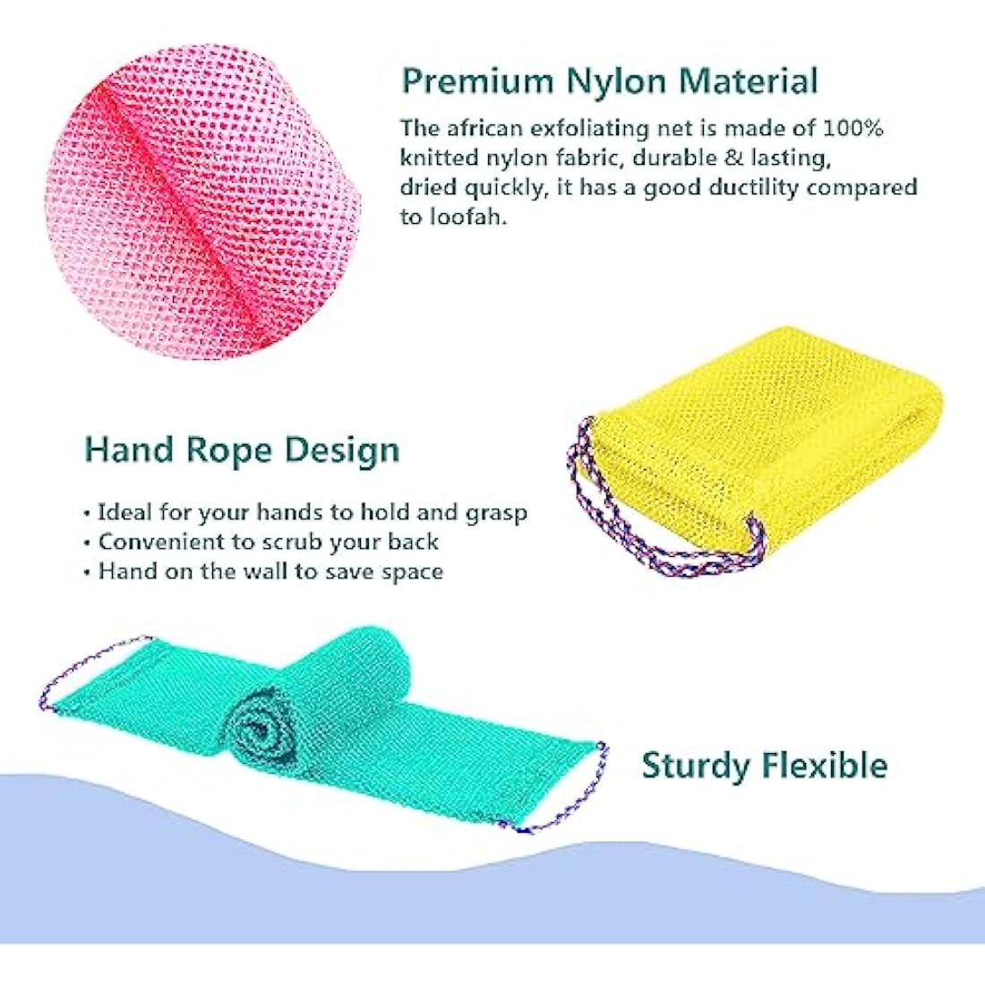 TENQUAN African Exfoliating Net Bath Sponge - 3 Pack Nylon Body Scrubber