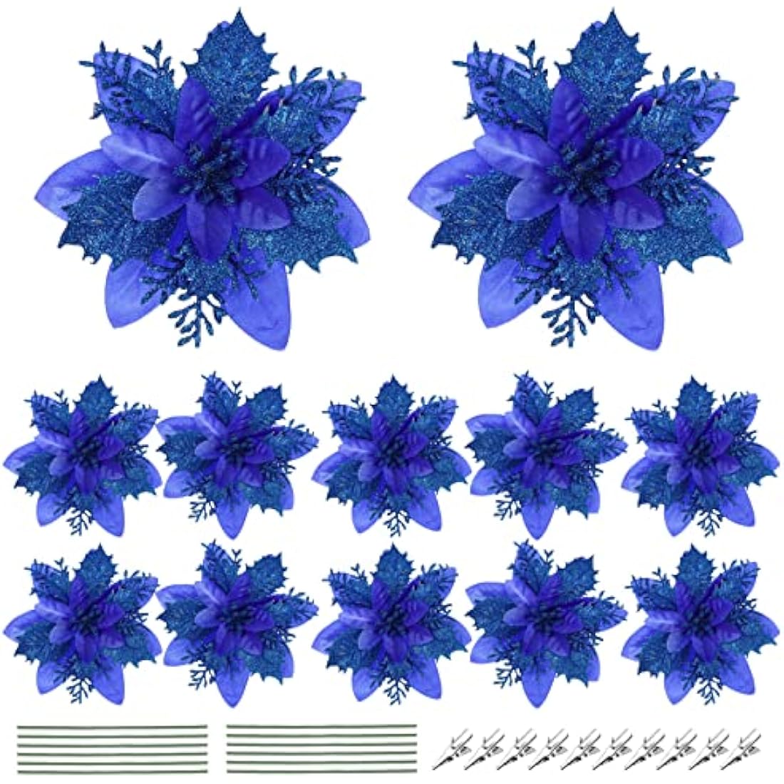 12Pcs Blue Glitter Artificial Poinsettia Christmas Flowers