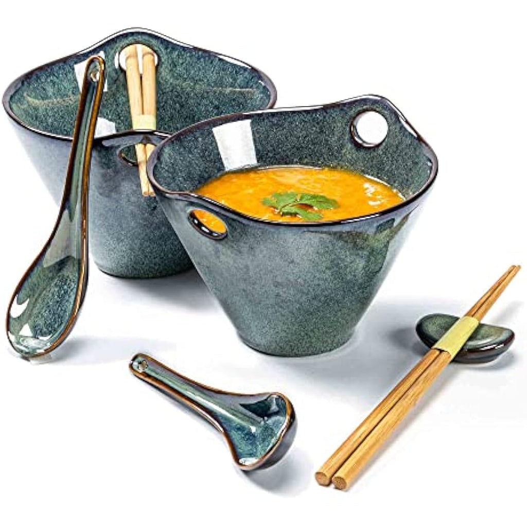 Henten Home Ceramic Ramen Bowl Set of 2 – 780ml Green Reactive Glaze