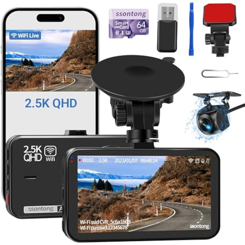 Jolof Store 2.5K Dual Dash Cam Front and Rear | WiFi Car Camera with 64GB Card
