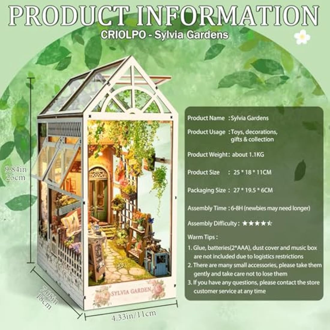 CRIOLPO Tea Time Garden Book Nook Kit - 3D Wooden Miniature with LED