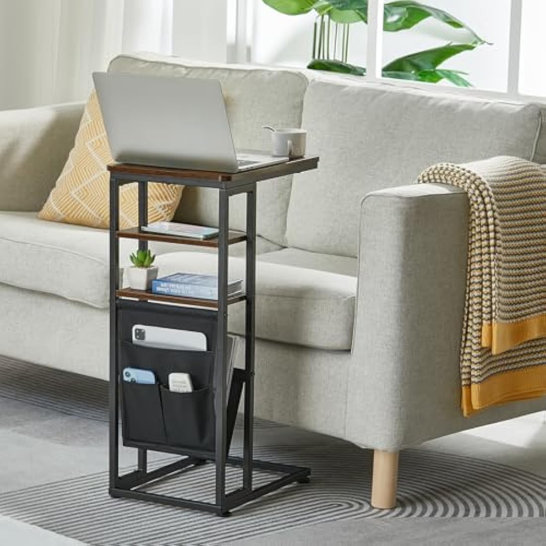 ZEXVIDA C Shaped Side Table – 3-Tier Industrial End Table with Storage