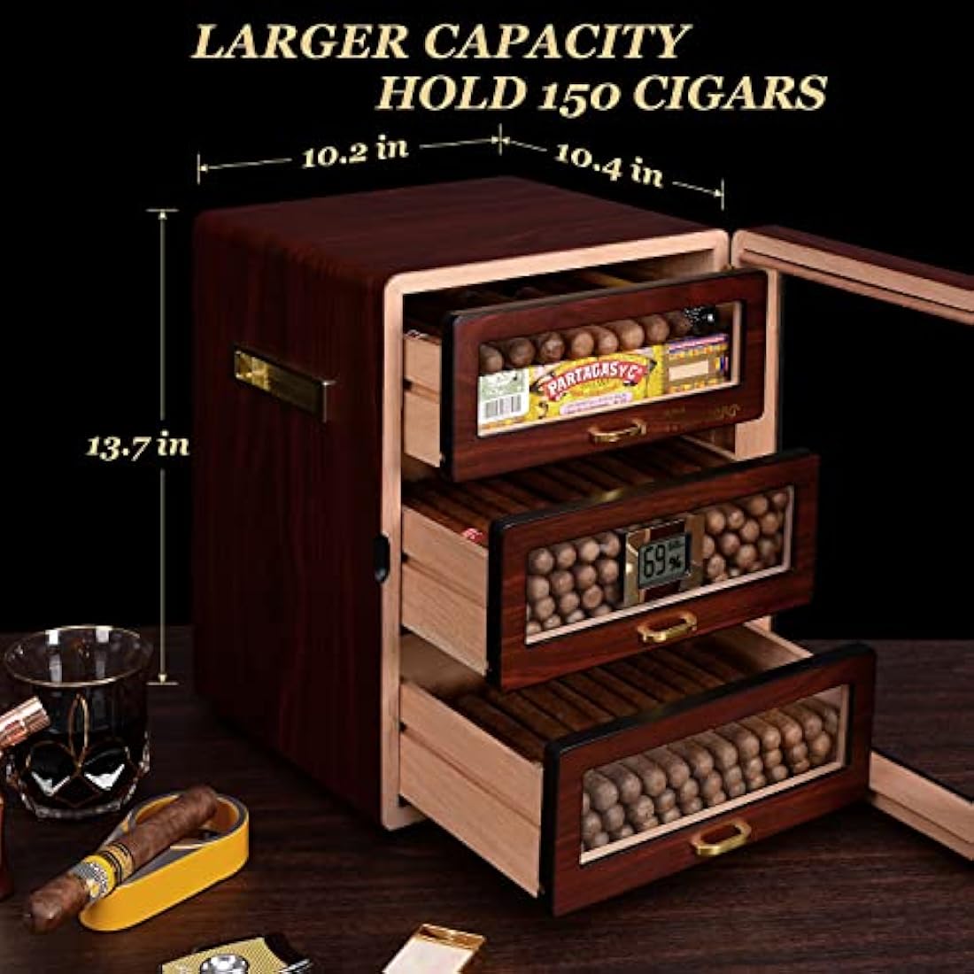 Marvero Cedar Wood Cigar Humidor Cabinet | 150 Count with Digital Hygrometer