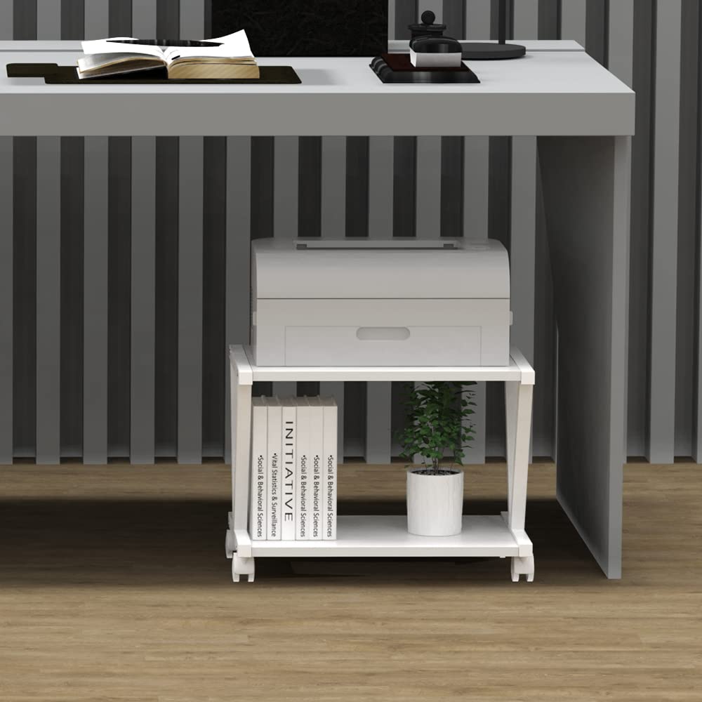 VEDECASA 2-Tier Printer Stand with Wheels | Wood Desktop Storage, White