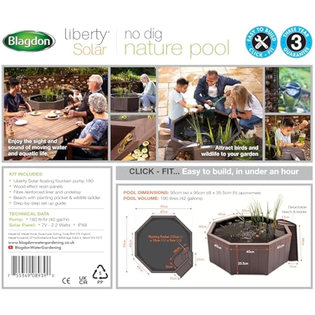 Blagdon Liberty No Dig Raised Pond | Solar Fountain & Wildlife Ladder