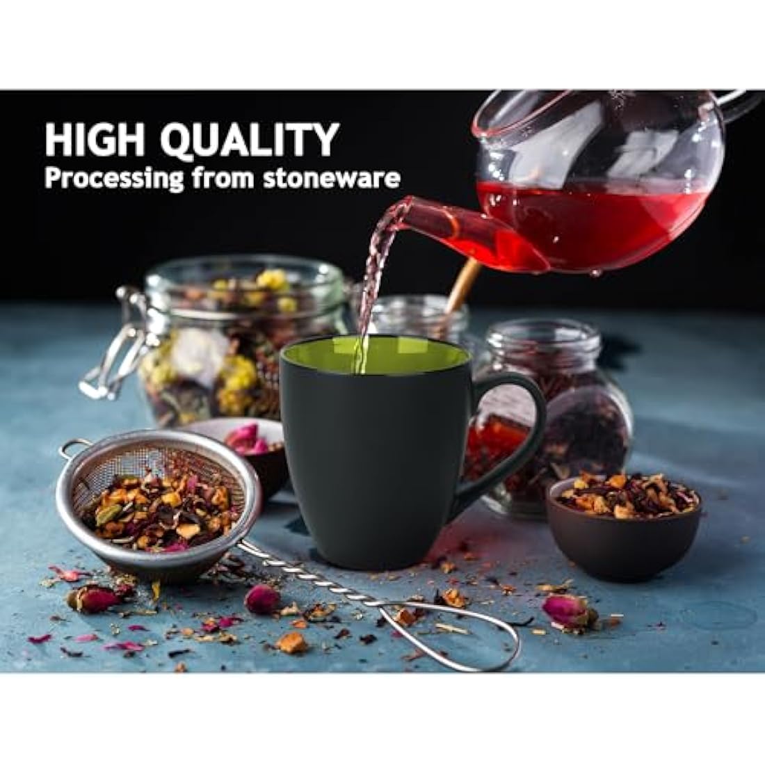 MIAMIO Stoneware Coffee Mug Set - 6 Piece 350ml Matte Black Cups