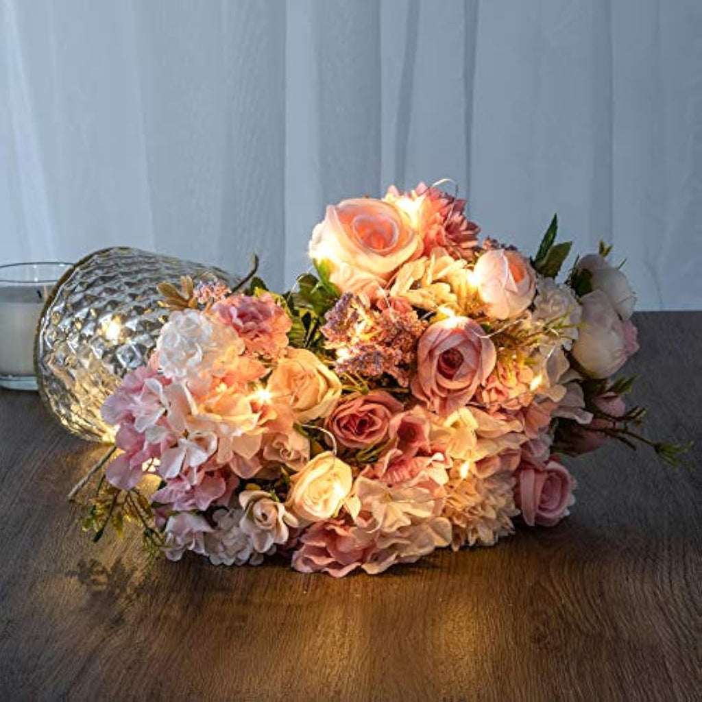 LED Pink Artificial Rose Flowers with Glass Vase – 13"