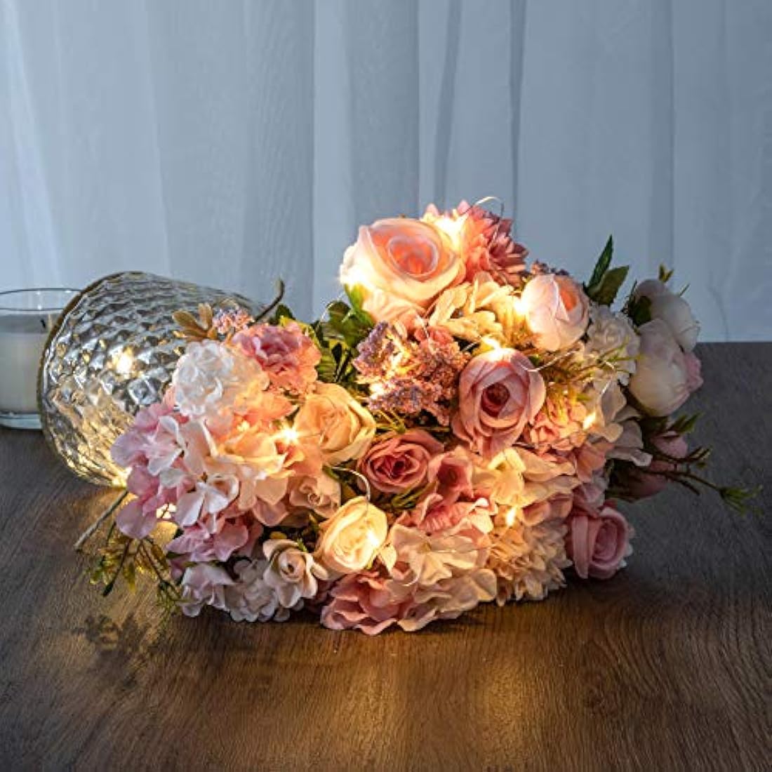 LED Pink Artificial Rose Flowers with Glass Vase – 13"