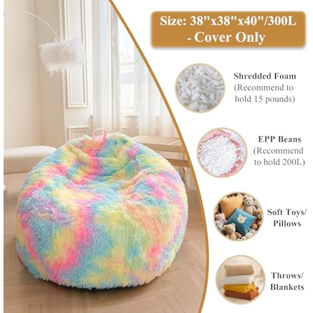 XeGe Faux Fur Bean Bag Cover – Rainbow Tie Dye Fluffy Chair for Storage