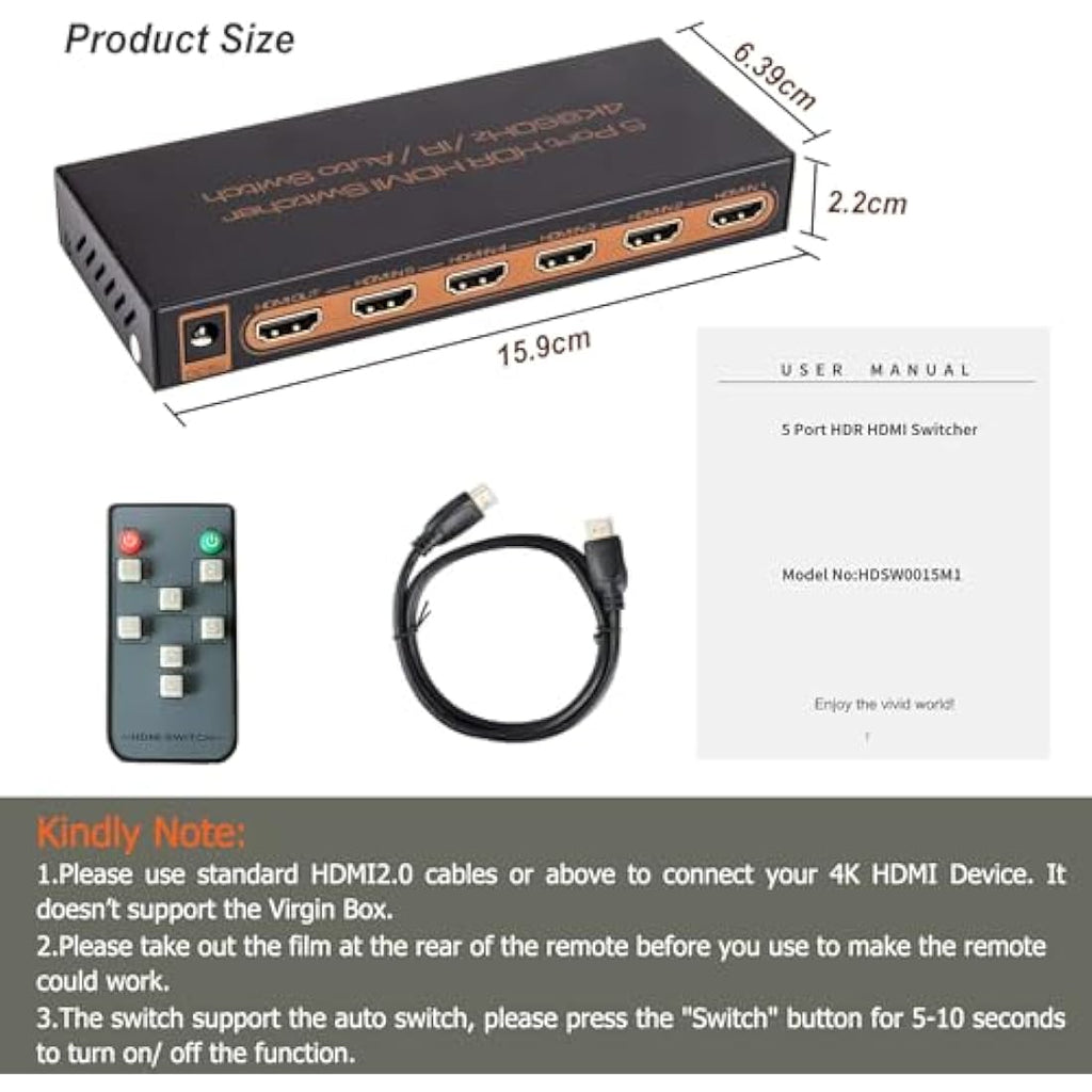 Sense Hometek 5-Port HDMI Switch 4K 60Hz with Remote | HDCP 2.2